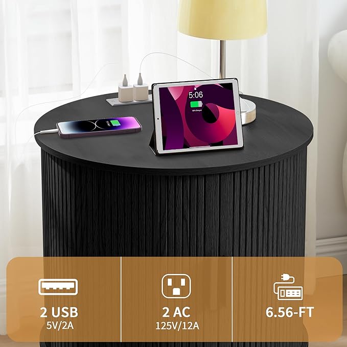 AVZEAR 24" Large Round End Table with Charging Station, Farmhouse Fluted Sofa Side Table with Sliding Tambour Door & Storage, Mid-Century Wood Nightstand for Living Room, Bedroom, Black