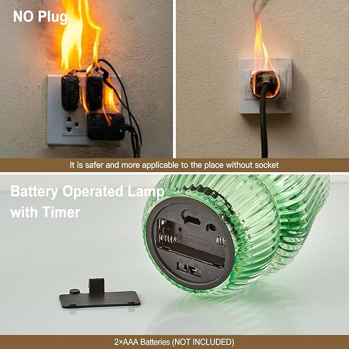 Battery Operated Lamp with Timer, Small Cute Cordless Glass Table Lamp for Home Decor, Kitchen, Bathroom, Birthday Gift for Women, Mushroom, Green