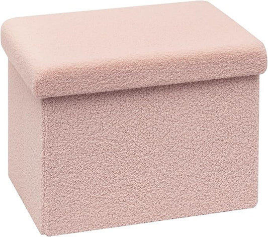 B FSOBEIIALEO Storage Ottoman Cube Small Sherpa Ottoman Foot Rest, Foldable Portable Boucle Ottomans, Faux Teddy Fur, Pink 16.5"x12.6"x12.6"