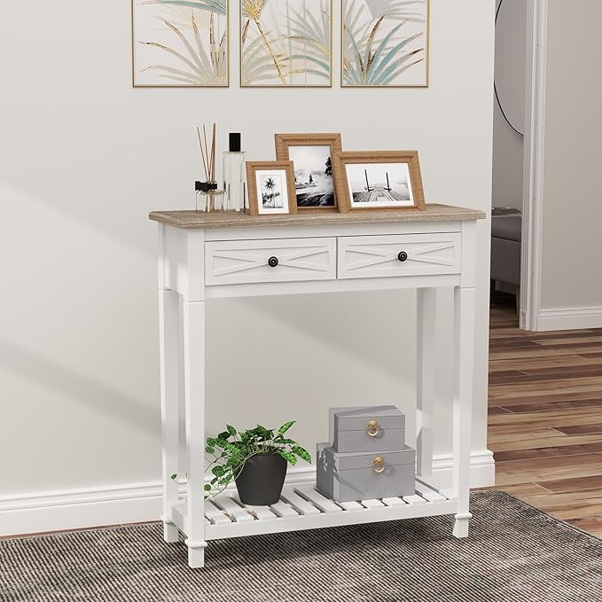 kinbor Entryway Table - White Console Table with 2 Drawers, Narrow Small Console Table with Storage Shelf for Entryway, Living Room, Hallway, White