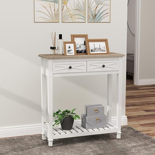 kinbor Entryway Table - White Console Table with 2 Drawers, Narrow Small Console Table with Storage Shelf for Entryway, Living Room, Hallway, White