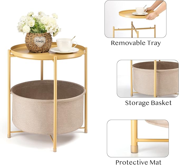 danpinera Round Side Table with Fabric Storage Basket, Metal Side Table Small Bedside Nightstand with Removable Tray Top for Living Room, Bedroom, Nursery, Laundry, Pale Yellow