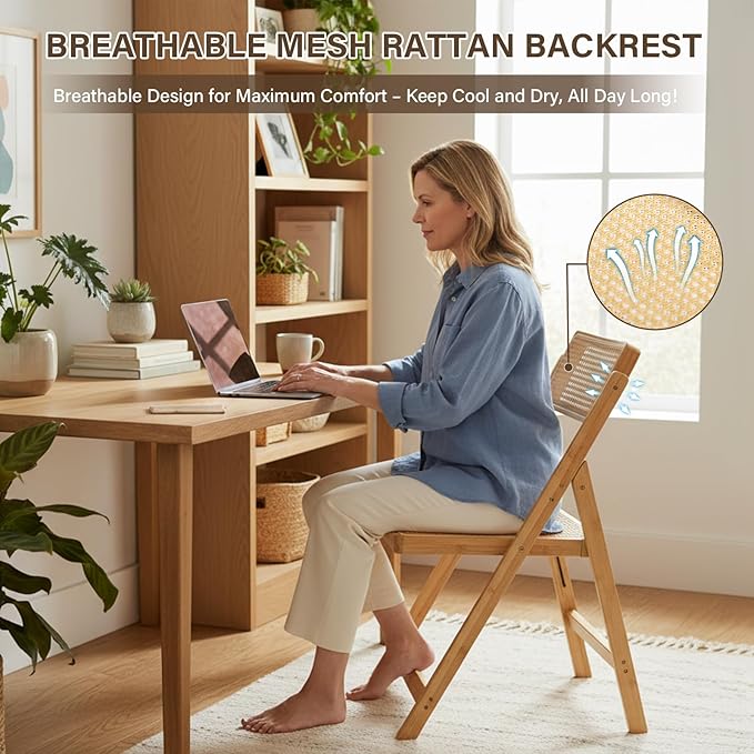 Rattan Folding Chair, Modern Mid Century Dining Chair Set of 1, Outdoor Bamboo Chairs for Bedroom Living Room Reading Room Dining Kitchen, Wood