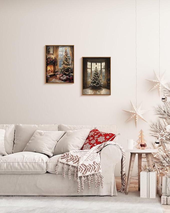 InSimSea Framed Canvas Wall Art, Vintage Christmas Tree Decor, Living Room Pine Decorations, Winter Cottagecore Paintings for Bedroom Bathroom, Xmas Holiday Decorations Gifts, 12x16 Inch