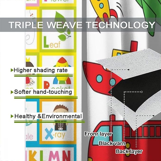 Alphabet Curtains，Numeration Table and Catoon Transportation Pattern Blackout Print Window Drapes for Kids Bedroom Living Room 63x72 Inch