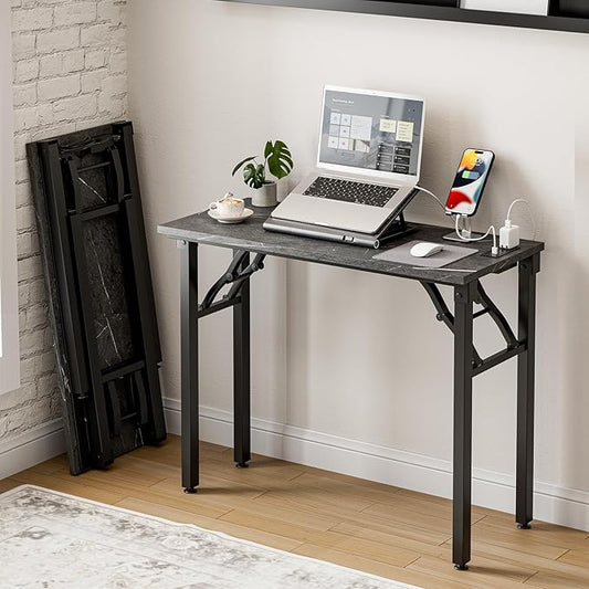 Frylr Small Folding Computer Desk – 35.8 Inch Portable Table for Craft and Study, Lightweight Desk for Small Spaces, Foldable Laptop Table Built-in AC/USB Outlets for Convenience, Marble Greige