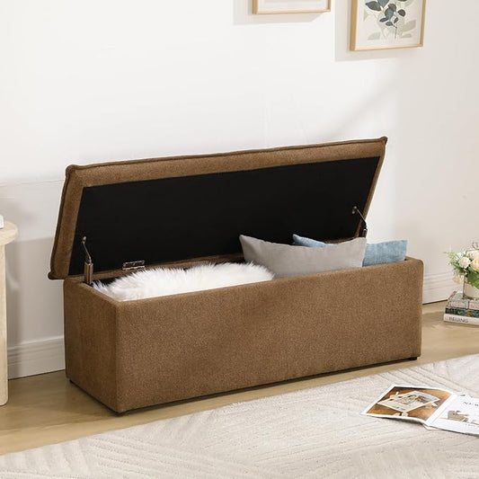 CIMOTA Storage Ottoman Bench, Upholstered End of Bed Storage Bench with Safety Hinge, Large Storage Chest with Seating, Modern Entryway Bench for Bedroom, Living Room, Chenille Brown