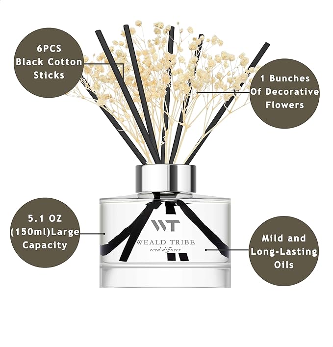WEALD TRIBE Flower Reed Diffuser Set Fresh Linen Scent for Bathroom Accessories Shelf Decor & Air Fresheners, Fresh Air Sticks Defusers with 5.1 fl oz Essential Oils, House Office Decor & Gifts