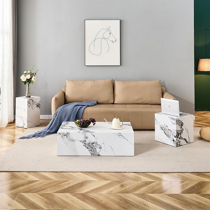 Coffee Table Set for 3, Living Room Table Set, White Faux Marble Coffee Table and Side Table, Modern Coffee Table Set, Center Table Set, No Assembly Required - Ready to Use
