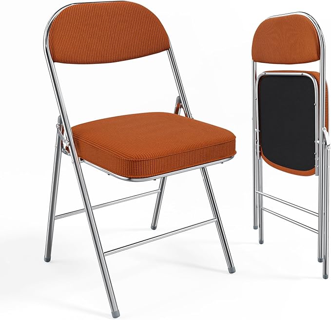 VINGLI 2 Pack Folding Chairs with Padded Seat & Backrest, Metal Frame, Durable Corduroy Fabric, 350 lbs Capacity, Set of 2, Orange – Ideal for Weddings, Parties, Office Events