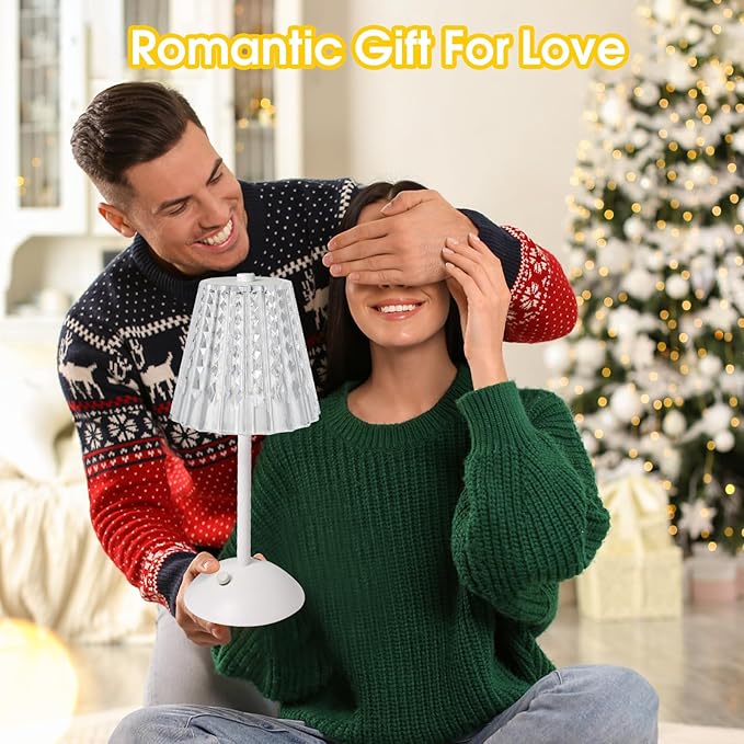 Cordless Touch Table Lamp, LED Rechargeable Small Dask Lamp, 3 Colors Dimmable Battery Operated Crysta Lamp for Bedroom Restaurant Kitchen Home Decor, White