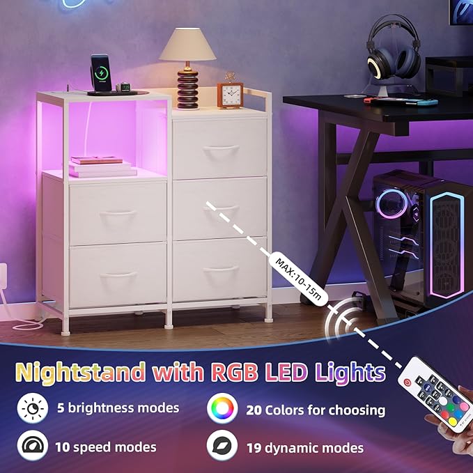 Somdot White Nightstand with Charging Station and LED Light, Wide 5 Drawers Dresser for Bedroom with Fabric Bins and Open Shelf for Bedroom Kids Closet Dorm Guest Room, White Leather