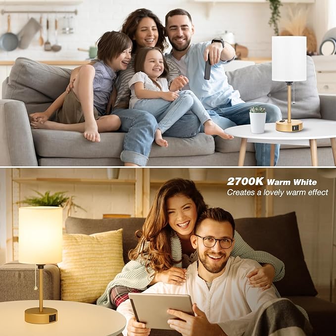 Dicoool Small Bedside Lamps 3 Color Modes - 3000K 4000K 5000K Bedroom Lamps with USB C and A Ports, Pull Chain Gold Table Lamps with AC Outlet, Nightstand Lamps with Gold Metal Base for Kids Reading