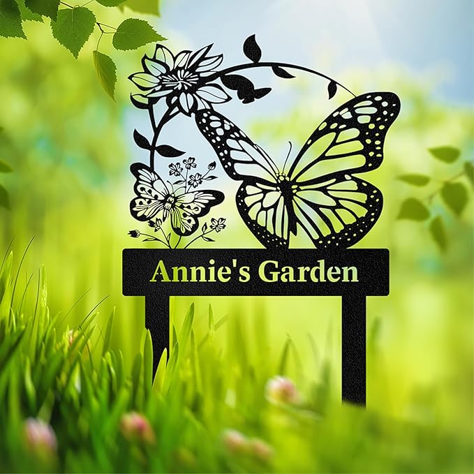 Personalized Garden Signs for Outdoor, Custom Butterfly Garden Sign with Stake Metal Waterproof, Customized Metal Name Sign, Patio Yard Decor Gardening Gift
