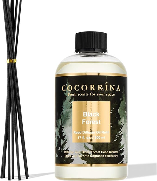 Cocorrína Reed Diffuser Refill Black Forest 17oz (500ml) with 8 Sticks - Premium Long-Lasting Essential Oil, Home Fragrance for Bedroom, Bathroom Home Decor