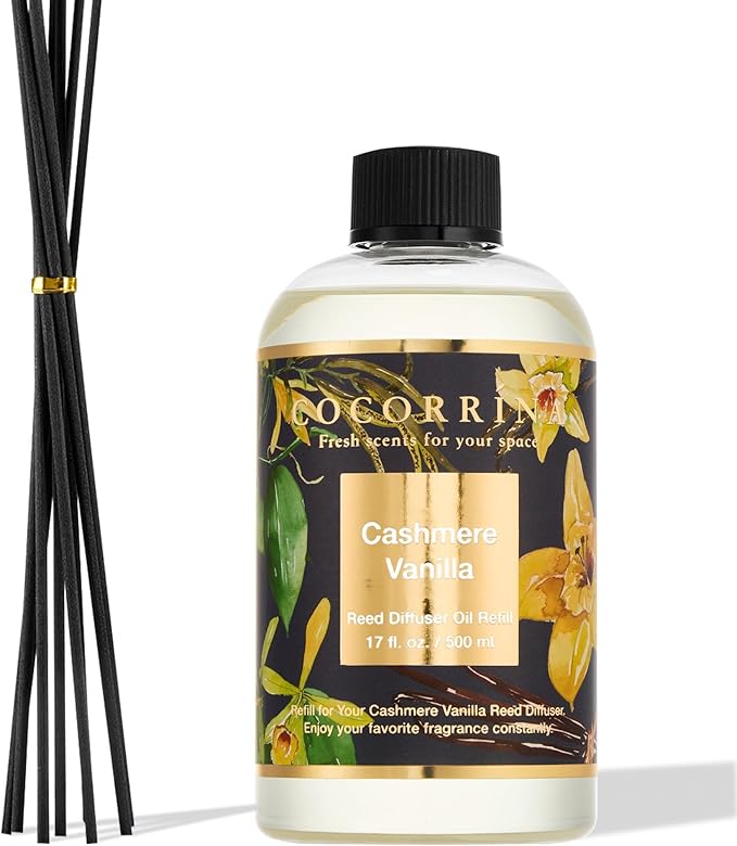 Cocorrína Reed Diffuser Refill Cashmere Vanilla 17oz (500ml) with 8 Rattan Sticks - Premium Long-Lasting Essential Oil, Home Fragrance for Bedroom, Bathroom Home Decor