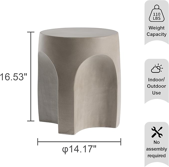 HOMPUS Outdoor Side Table w Arch Shape Set of 2, Unique Patio End Table, Round Lightweight Concrete Accent Table, Modern Vintage Garden Tool for Indoor Use, Grey