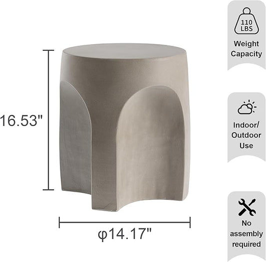 HOMPUS Outdoor Side Table w Arch Shape, Unique Patio End Table, Round MgO Lightweight Concrete Accent Table, Modern Vintage Garden Plant Stand for Indoor Use, Grey