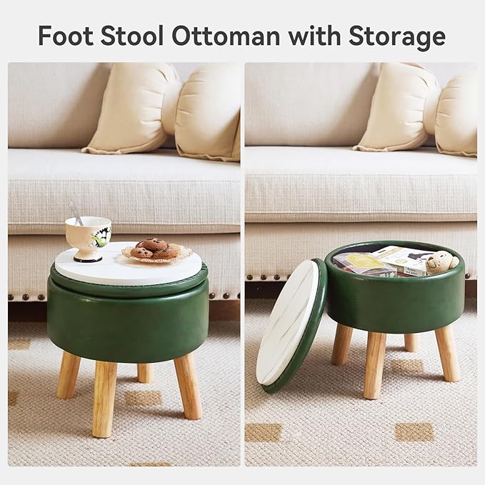 IBUYKE 13 Inch Foot Stool Ottoman with Storage, Round Small Foot Rest with Padded Seat and Wood Legs, PU Faux Leather Mini Footstool for Living Room Couch Bedroom Entryway, Dark-Green WBD023GR