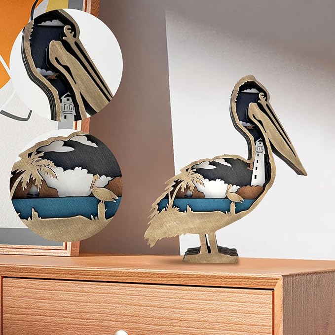 3D Wooden Carving Animals Lamp - Creative Fox Squirrel Wood Carved LED Night Light Garden Yard Wooden Animals Sculpture Ornaments Desktop Home Decor Birthday Gifts for Family Friend (Pelicans)