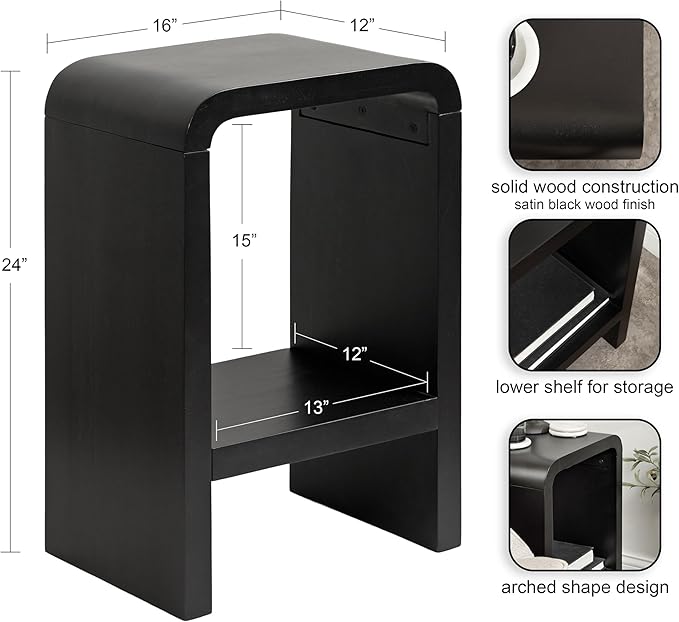 Kate and Laurel Reddy Modern Arched Wood Side Table, 16 x 12 x 24, Black, Contemporary Two-Tier End Table for Use as a Bedroom Nightstand or Small Record Player Stand