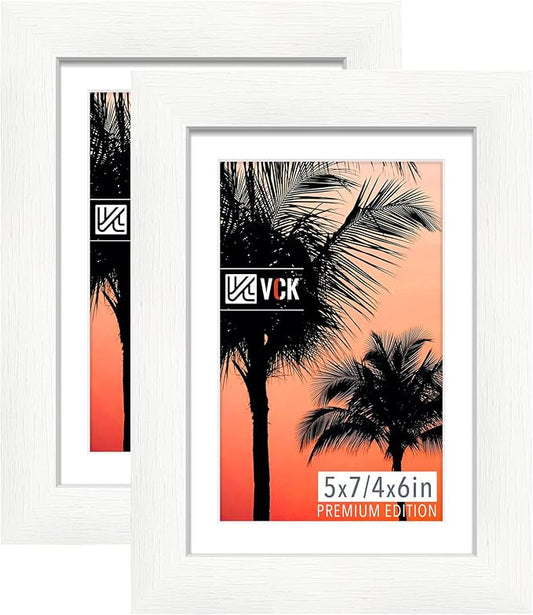 VCK 5x7 White Picture Frame, Wooden Frames Set of 2 with HD Glass, For 4x6 Photos with Mat or 5x7 without Mat, Table Display and Wall Hanging