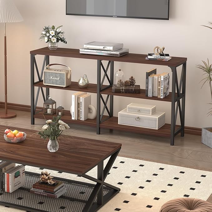 IBF Rustic Console Table, Industrial Wood and Metal Sofa Table, Hallway Entry Table for Home Living Room, Barnwood Foyer Accent Entryway Table with Retro Vintage Storage Shelf, Walnut, 55 Inch