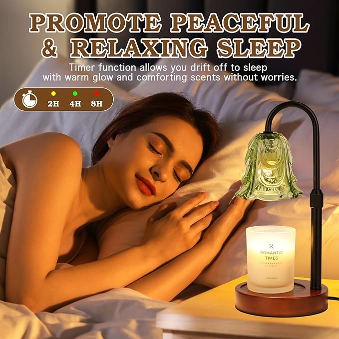 Small Candle Warmer Lamp with Timer, Adjustable Green Lamp Warmer for Jar Candles, Unique Women Gifts for Birthday, Dimmable Candle Heater, Christmas Gifts, Cute Wax Warming Light with Wood Base
