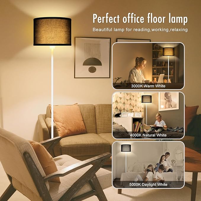 Floor Lamp White, Standing Lamp, 58" Tall Floor Lamp with Black Lampshade, Foot Pedal Switch, Modern Bright Floor Lamps for Living Room/Bedroom/Classroom/Kids Room, White Lamp for Girls' Gift(NO Bulb)