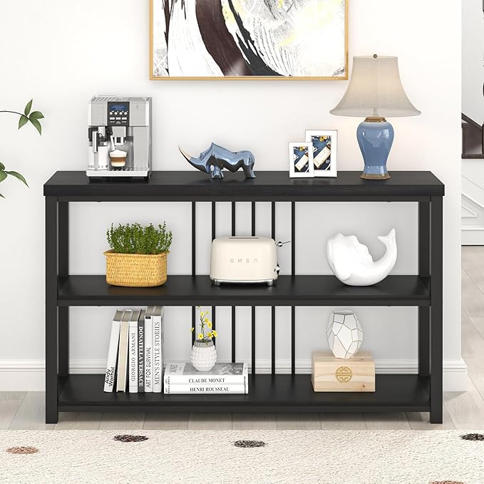 FOLUBAN Entryway Table, Modern Sofa Console Table with 3 Tier Storage Shelf for Living Room Hallway Foyer, Industrial Black Oak