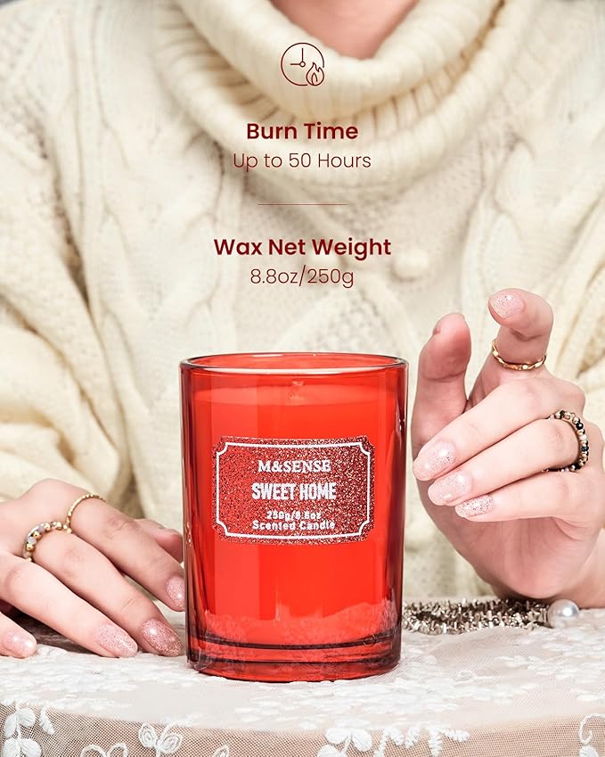 M&SENSE Cinnamon Apple Scented Candles, Classic Size 8.8 oz Glitter Jar Candles, Holiday Candles Gifts for Women, Strong Scented Natural Soy Candle For Winter Home Decor, 50 Hours Long Burning Candles