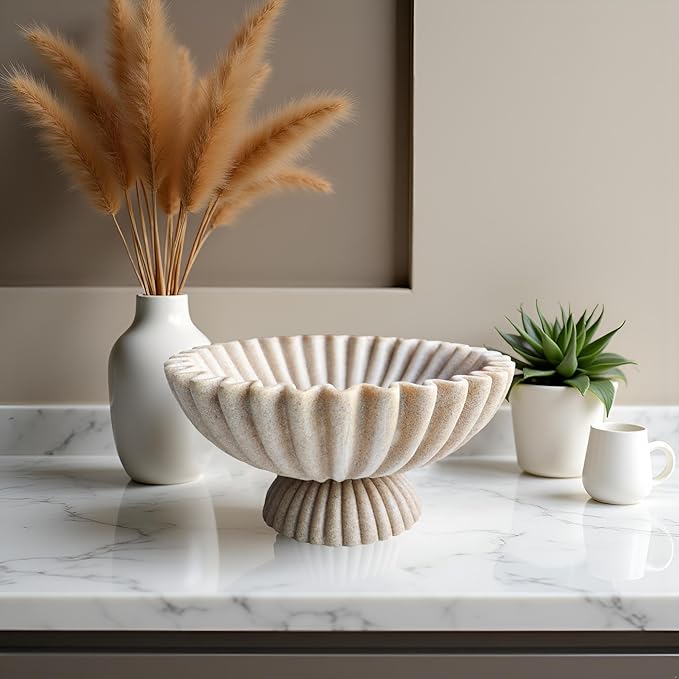 10" Large Decorative Bowl decor, Scalloped Bowls for Modern Home Decor,Ruffle Decor,Stylish Key Bowl for Entry Table,Decorative Fruit Bowl for Kitchen Counter,With base,Artificial Stone Beige