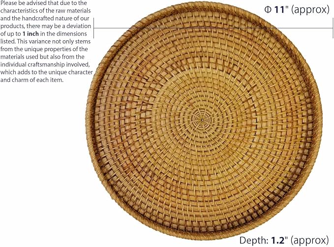 Hand Woven Rattan Serving Basket 11 inch - Round Platter for Fruit, Snacks, Appetizers, Bread, Breakfast, BBQs, Parties - Decorative Tray for Living Room, Kitchen, Dining Decor (Large)