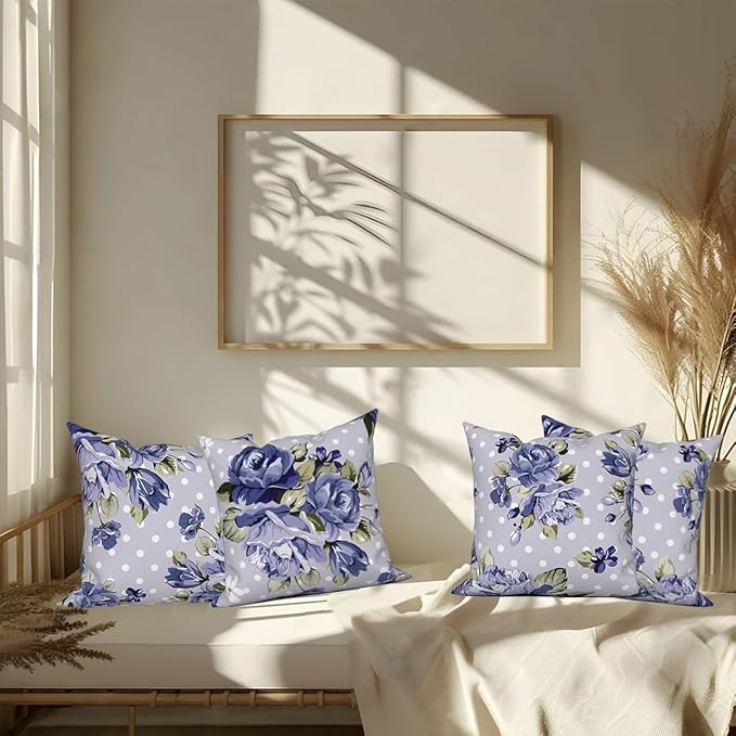Blue Flower Throw Pillow Covers 22"x22" Set of 4, Vintage Floral Sofa Cushion Cover for Chair Couch Bed Living Room Office Car Garden Patio Farmhouse Indoor Outdoor Decorative