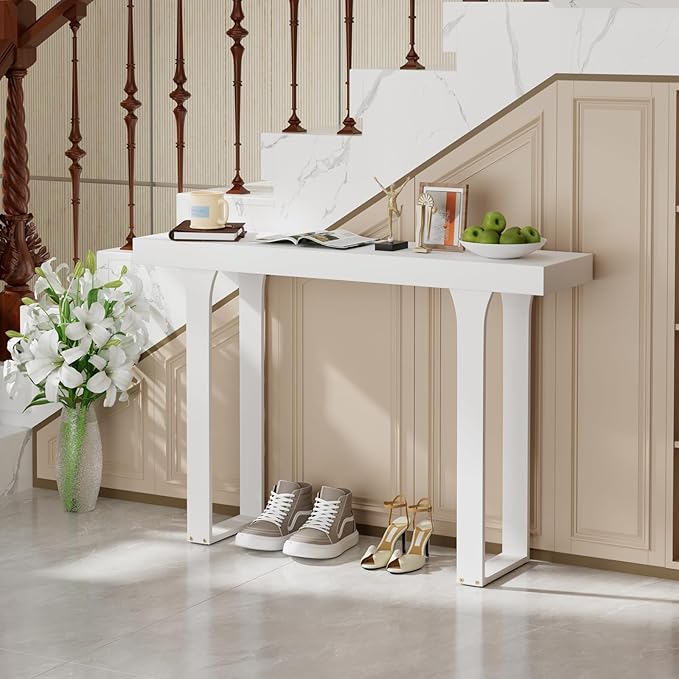 Bamboo 47.2" Narrow Console Table, Farmhouse Side Table, Wood Entryway Table, Modern Sofa Table Behind Couch with Storage Shelves for Entrance, Living Room, Hallway, Foyer (White)