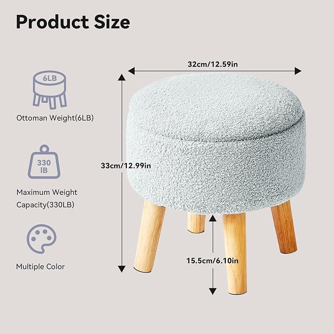 IBUYKE 13 Inch Foot Stool Ottoman with Storage, Round Small Foot Rest with Padded Seat and Wood Legs, Teddy Velvet Mini Footstool for Living Room Couch Bedroom Entryway, Gray-Blue WBD006H