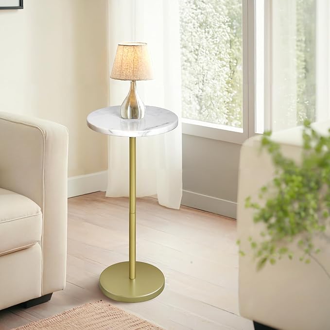 Nature Marble Drink Table, Pedestal Table, Small Round Side Table, Martini Table for Living Room, Bathroom, Small Space (White)