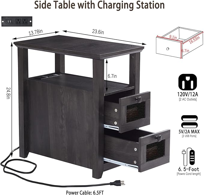 Farmhouse XXL End Table with Charging Station, Narrow Side Table with USB Ports and Outlets, Nightstand with 2 Drawers Storage, Grey Bedside Tables for Living Room, Bedroom