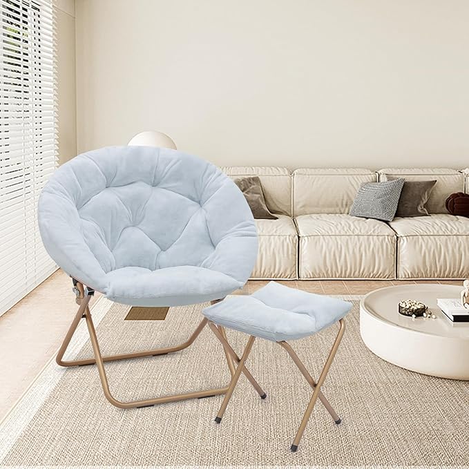 Athena Collection Saucer Chair with Ottoman Comfy Chair for Bed Room Living Room Folding Round Cozy Chair Faux Fur Metal Frame Foldable Lazy Chair Accent Chair Reading Chair Set of 2, Blue