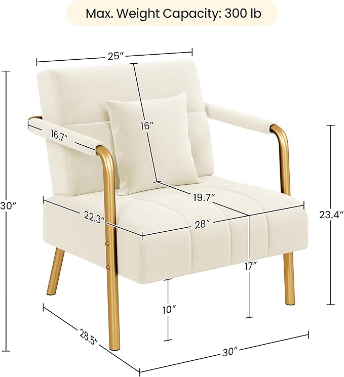 Yaheetech 30" W Accent Chair Velvet Oversized Armchair Living Room Chair with Golden Frame & Cozy Pillow for Living Room, Bedroom, Office Beige