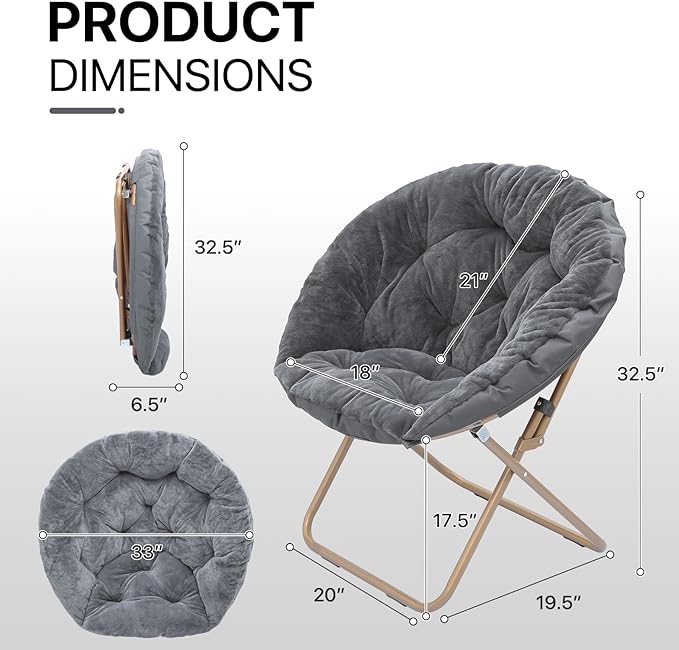 Athena Collection Comfy Saucer Chair Folding Cozy Chair for Bed Room Living Room Accent Chair Faux Fur Reading Chair Foldable Metal Frame Lazy Chair Moon Chair for Adult, Grey