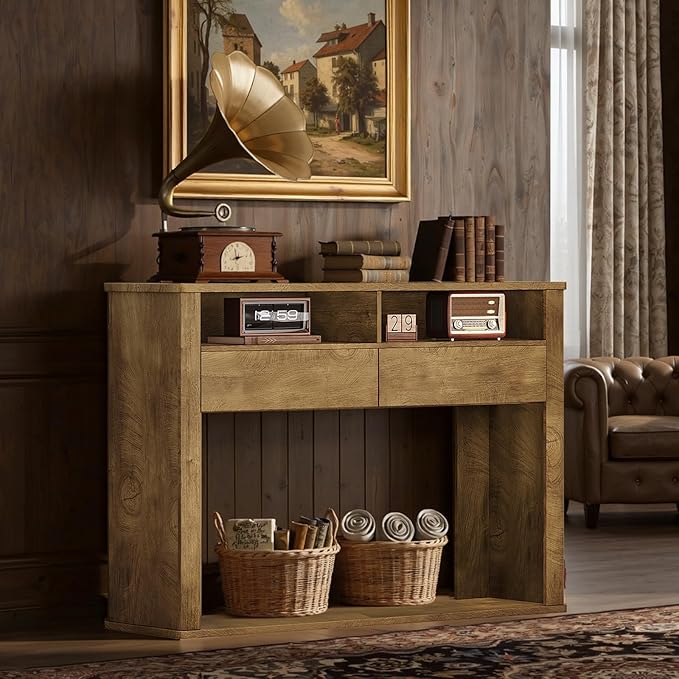 45 Inch Farmhouse Console Table, Entryway Table with Storage Shelves, 3-Tier Fluted Couch Tables Behind Sofa, for Hallway, Foyer, Living Room, Natural Oak