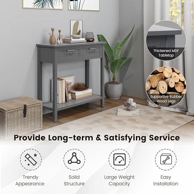 GOFLAME Small Console Table with 2 Drawers, 31” Entry Table with Storage Shelf, Modern, Narrow Sofa Table for Living Room, Hallway, Entrance (Gray)