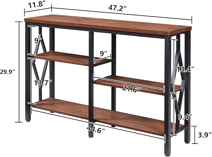 HOMBAZAAR Console Sofa Table, Rustic Entryway Table with Metal Frame and Open Shelves, Industrial Hallway Table with 3 Tier for Entry, Living Room, Foyer,Brown,47 inch