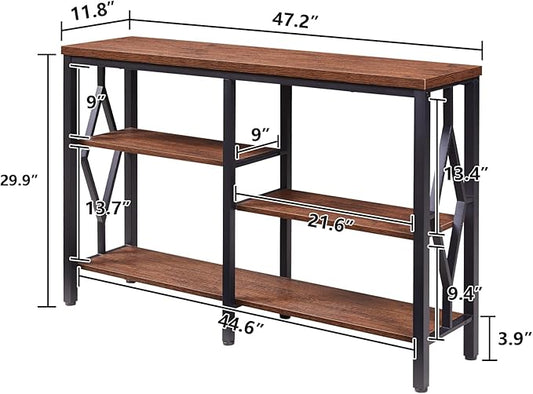 HOMBAZAAR Console Sofa Table, Rustic Entryway Table with Metal Frame and Open Shelves, Industrial Hallway Table with 3 Tier for Entry, Living Room, Foyer,Brown,47 inch