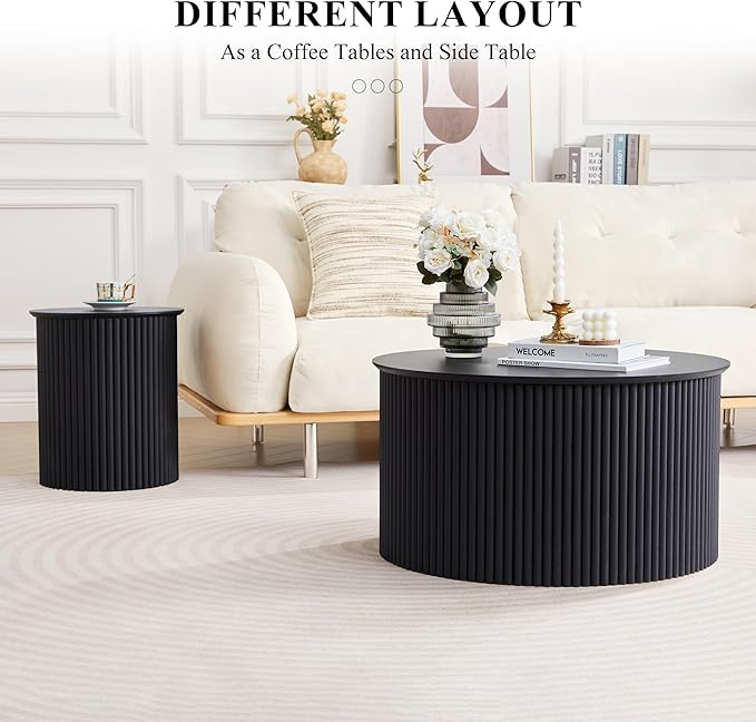 Fluted Round Nesting Coffee Table Set of 2, Mid Century Modern Wood Coffee Tables and End Table Set, Circle Side Table Minimalist Center Tables for Living Room, Office(Black)