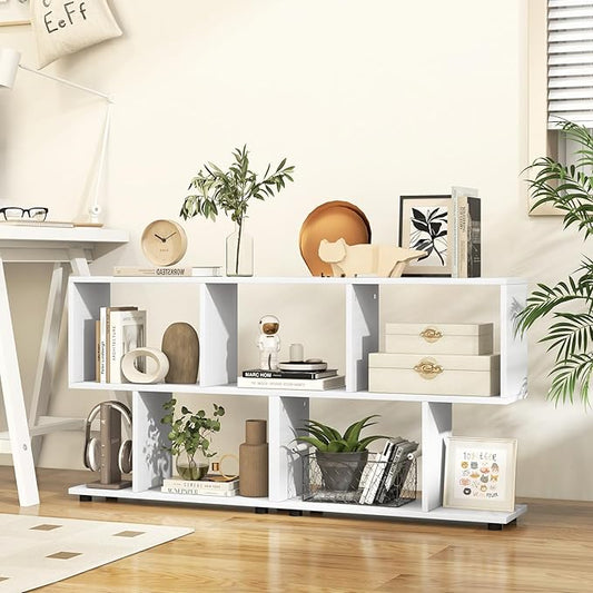 Giantex Set of 2 3-Tier Geometric Bookshelf, 24’’ Tall Wood S-Shaped Display Shelves with Thick Foot Pads, Freestanding Open Shelves Nightstand, Floor Standing Display Shelf Bookcase