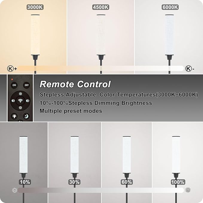 Floor Lamp with Remote Control, Floor Lamps for Living Room/Bedroom/Office, Stepless Adjustable 3000K-6000K Colors and 10-100% Brightness,Standing Light with Foot Switch (Black+Beige Linen)