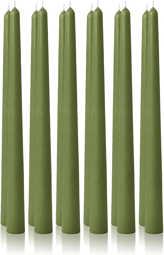 12pk 10" Classic Taper Candles, Moss Green, 7-8 Hours Long Burning, Unscented Tall Candlesticks
