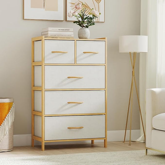 Giantex 5-Drawer Dresser for Bedroom, Bamboo Storage Tower with 5 Foldable Fabric Drawers & Top Shelf, Modern Chest of Drawers, Tall Vertical Organizer Unit for Closet, Living Room, Hallway, Natural